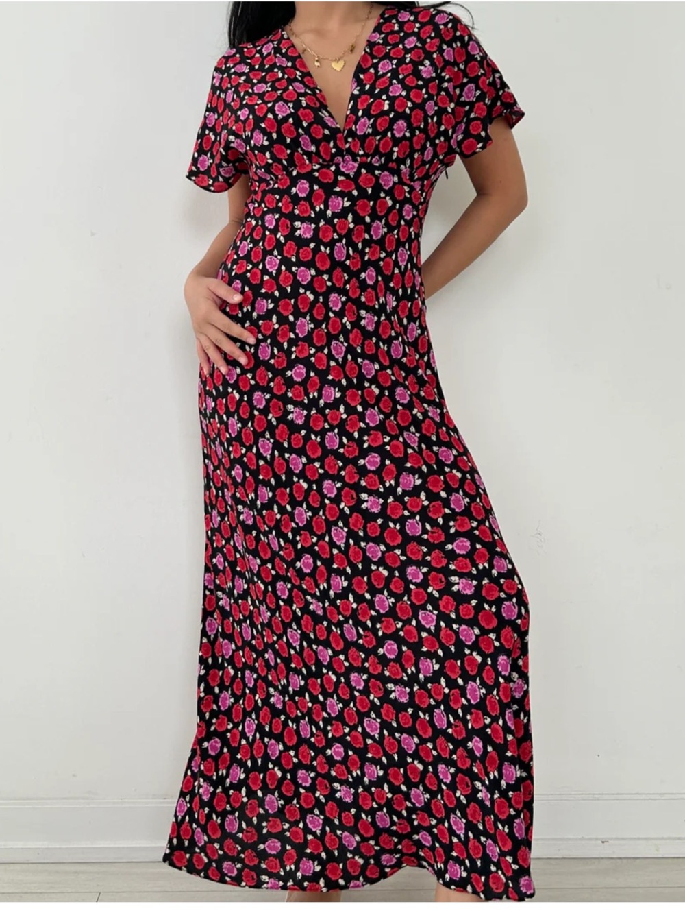 Zara Roses Floral Print Maxi Dress Short Sleeves Size XL